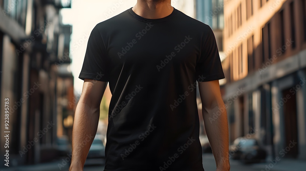 Realistic mockup of man wearing simple blank black t-shirt, copy space concept for presentation advertisement, blank t-shirt mockup business. The focus is the foreground Realistic mockup of man wearing simple blank black t-shirt, copy space concept for presentation advertisement, blank t-shirt mockup business. The focus is the foreground