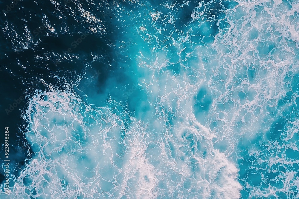 Aerial view of rough ocean waves creating dynamic pattern of blue water and white foam. Top shot of ocean texture perfect for backgrounds, nature themes and environmental content Aerial view of rough ocean waves creating dynamic pattern of blue water and white foam. Top shot of ocean texture perfect for backgrounds, nature themes and environmental content