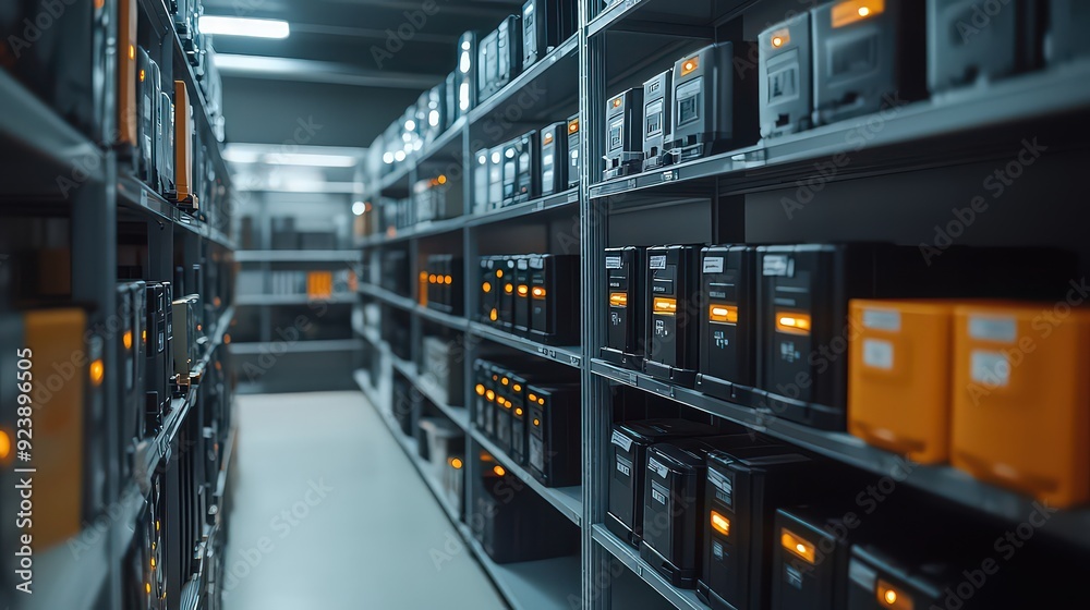 Shelves lined with various electronic equipment in a dimly lit storage room. Shelves lined with various electronic equipment in a dimly lit storage room.