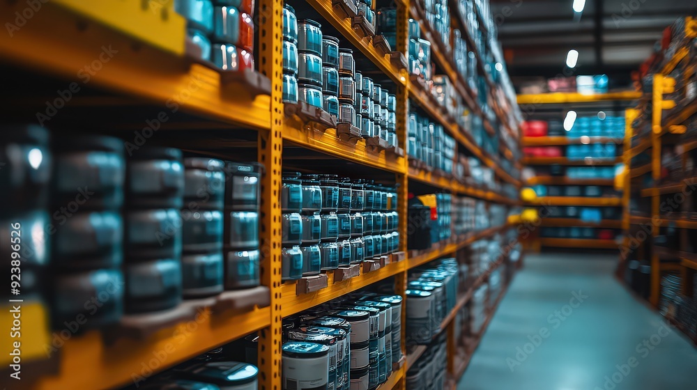 Long rows of shelves stocked with cans in a warehouse, emphasizing industrial storage. Long rows of shelves stocked with cans in a warehouse, emphasizing industrial storage.