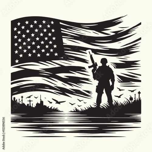 American Flag line art Vector Illustration Black silhouette