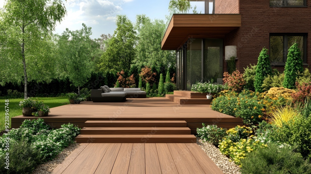 Modern wooden terrace with steps for a country house. Cozy garden with a house, recreation area, garden landscaping , ai Modern wooden terrace with steps for a country house. Cozy garden with a house, recreation area, garden landscaping , ai