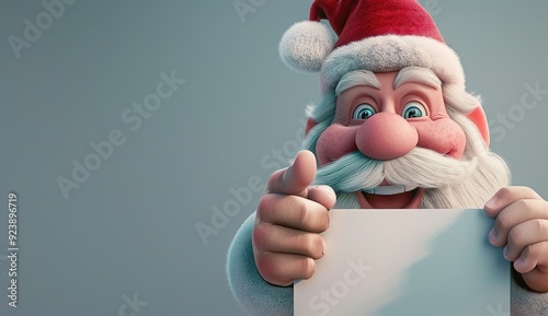 Cheerful cartoon Santa Claus smiles and points to blank sign ready for festive message or greeting. Perfect for Christmas cards, holiday designs and seasonal advertising. Playful 3D character.