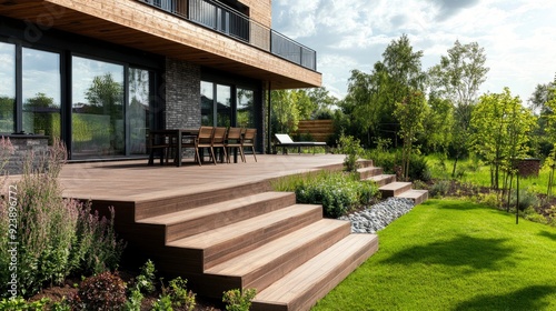 Modern wooden terrace with steps for a country house. Cozy garden with a house, recreation area, garden landscaping , ai