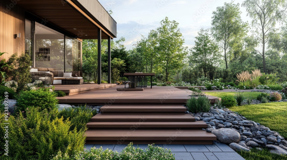 Modern wooden terrace with steps for a country house. Cozy garden with a house, recreation area, garden landscaping , ai