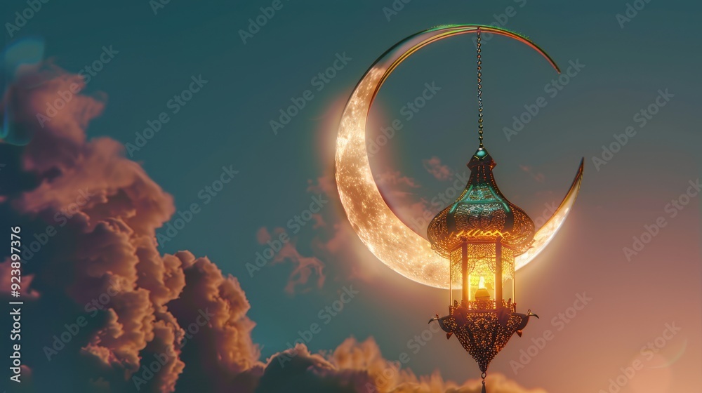 Crescent Moon with a Glowing Lantern