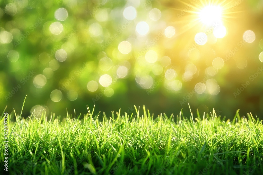 Obraz premium natural grass background with blurred bokeh and sun, ai