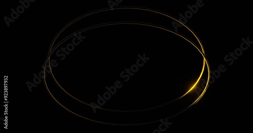 Round geometric double frame with gold beam. Glowing blank circle illuminated by 3d golden luminous line moving for design of electric led shows