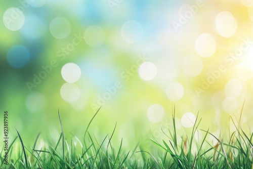 natural grass background with blurred bokeh and sun, ai