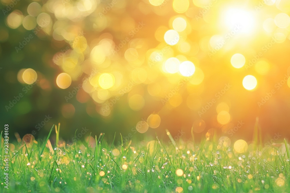 Obraz premium natural grass background with blurred bokeh and sun, ai