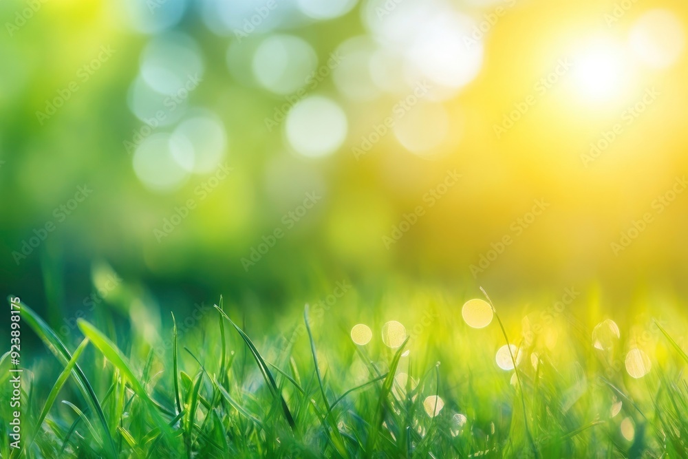Obraz premium natural grass background with blurred bokeh and sun, ai