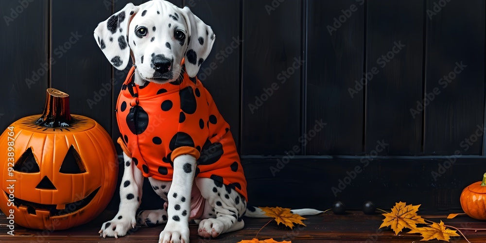 Fototapeta premium Costumed Dalmatian Dog Sitting Next to Carved Halloween Pumpkin on Dark Background