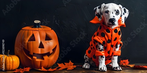 Carved Halloween Pumpkin with Smoke in Autumn Leaves photo