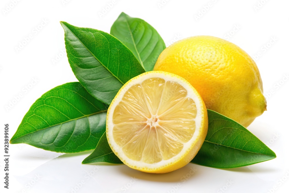 Vibrant ripe lemon, half, and slice stand out against a clean white background, surrounded by fresh green leaves, in a crisp, high-resolution studio photograph. Vibrant ripe lemon, half, and slice stand out against a clean white background, surrounded by fresh green leaves, in a crisp, high-resolution studio photograph.