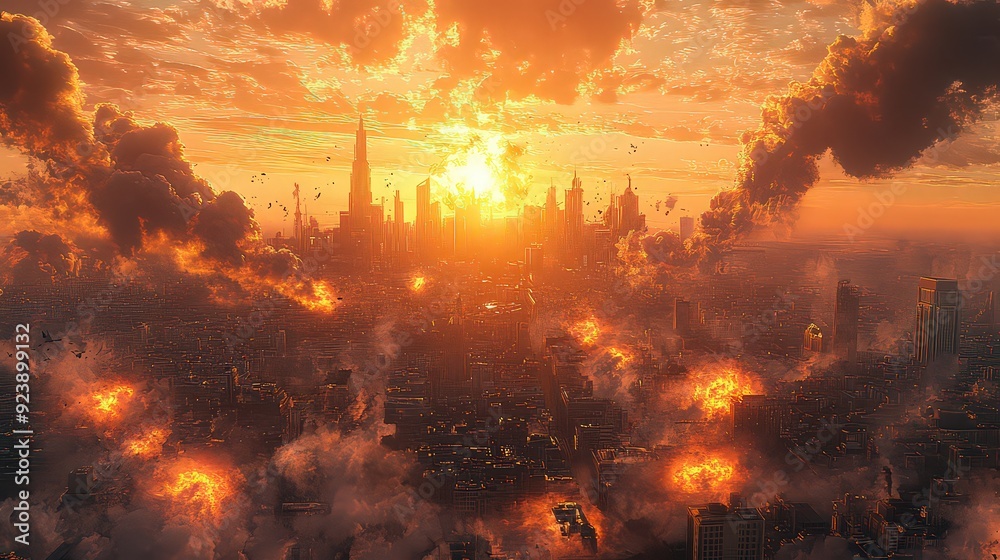 Fototapeta premium dramatic cityscape with action elements like explosions or flying vehicles, emphasizing movement and excitement