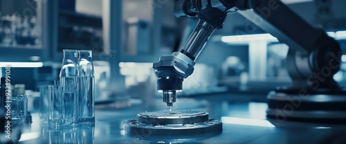 Robotic arm with a drill bit working on a metal piece in a laboratory setting.