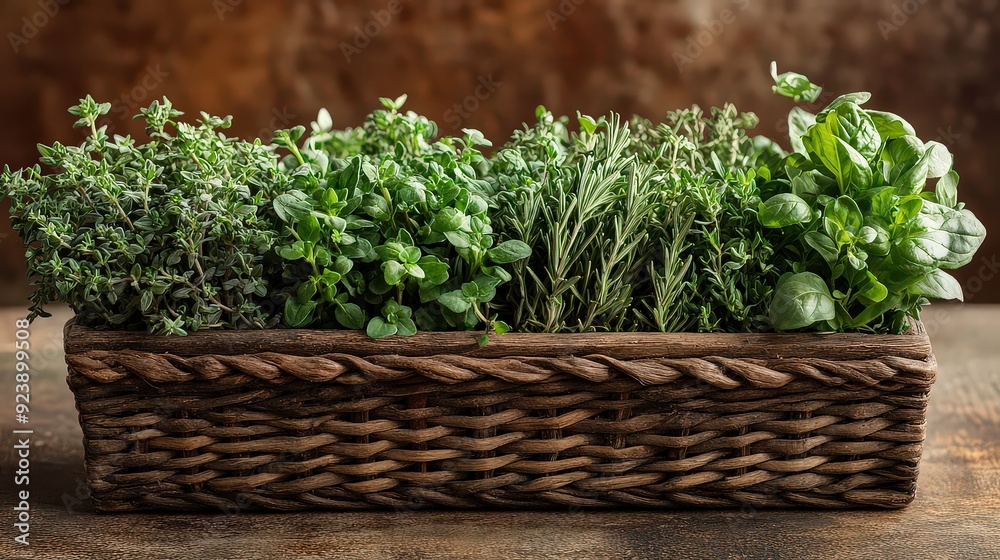 collection of Mediterranean herbs like oregano, rosemary, and thyme, displayed in a woven basket with a hint of rustic charm