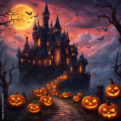 Fantasy Halloween Castle within a Giant Jack O' Lantern