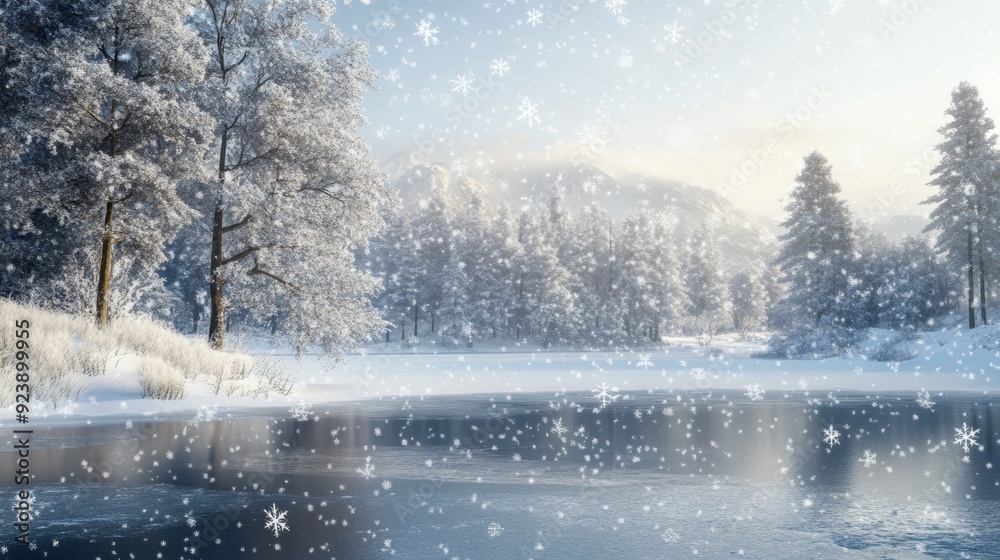Fototapeta premium beautiful landscape of a lake surrounded by forest with a lot of snow falling