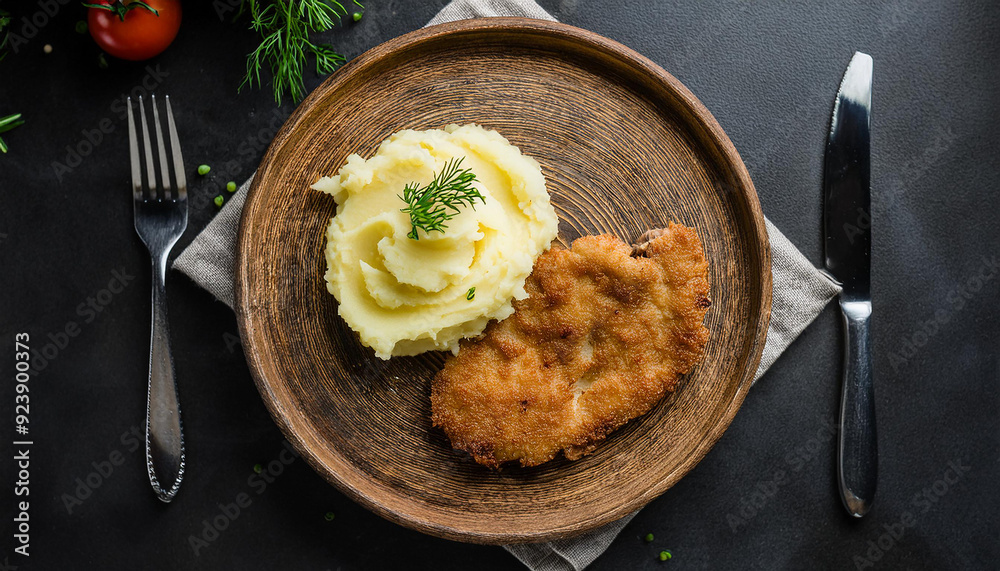 Chicken schnitzel with mashed potato on wooden plate. Delicious dish for dinner. Tasty food. Chicken schnitzel with mashed potato on wooden plate. Delicious dish for dinner. Tasty food.