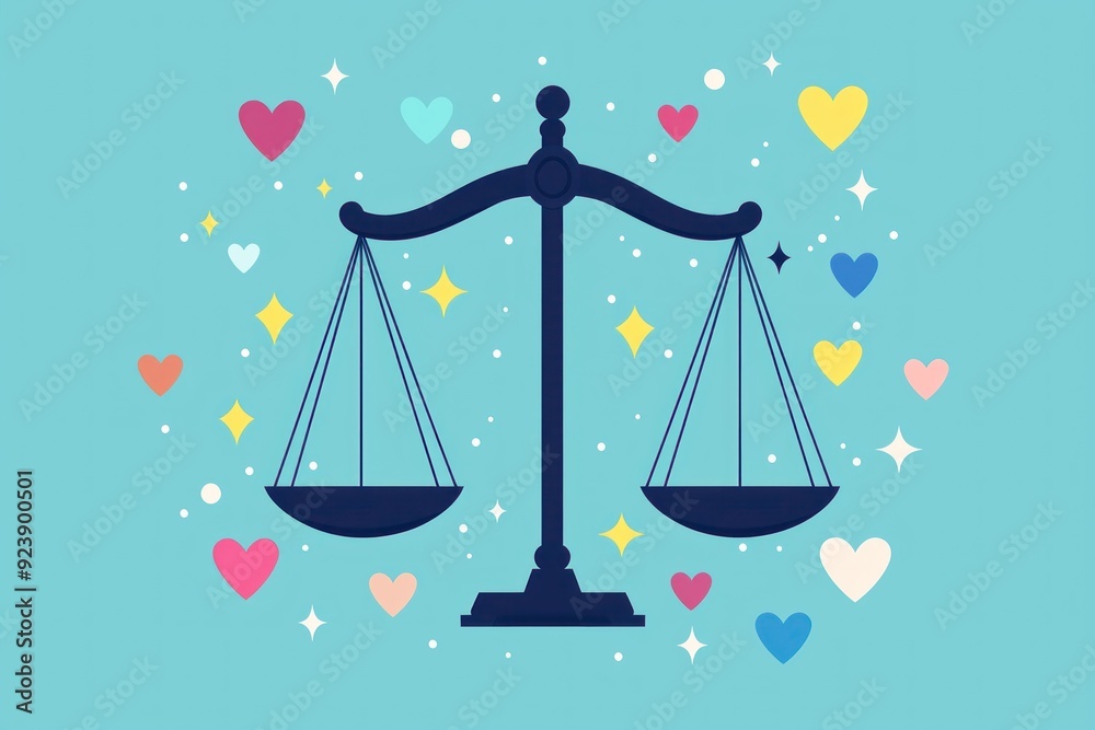 Scales of justice balanced with equality symbols, flat design illustration Scales of justice balanced with equality symbols, flat design illustration