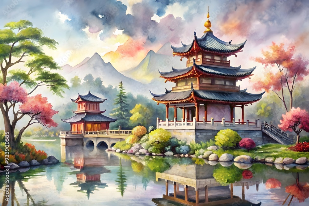 Fototapeta premium Watercolor hand drawn Daigoji Temple Pagoda in autumn. Japanese ancient architecture. Can be used to design sightseeings card, tourism ads, calendar, books - Illustration 