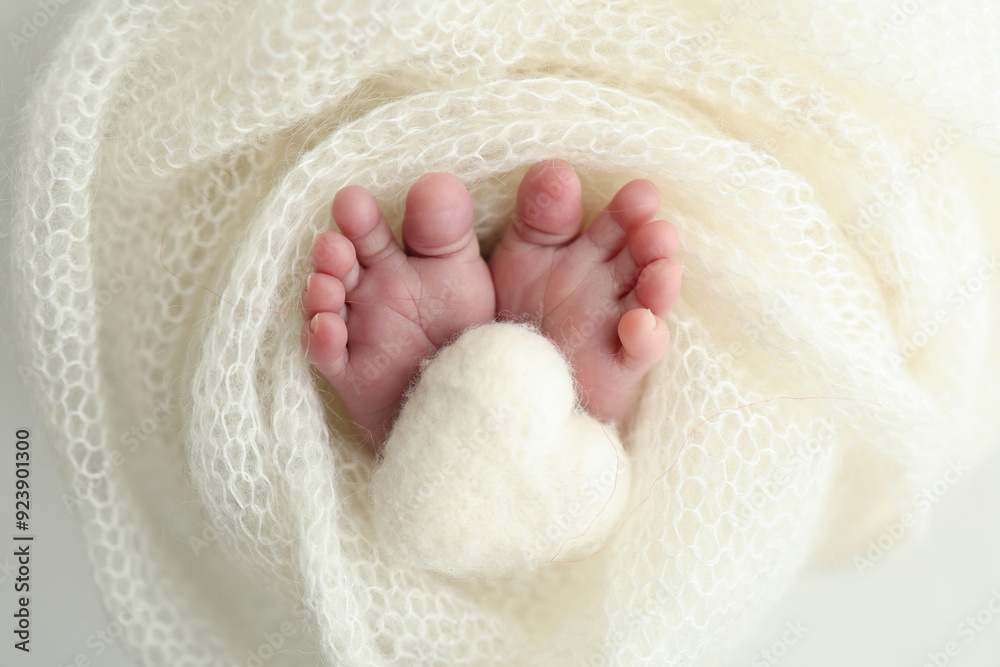 The tiny foot of a newborn baby. Soft feet of a new born in a white wool blanket. Close up of toes, heels and feet of a newborn. Knitted white heart in the legs of a baby. Macro photography. The tiny foot of a newborn baby. Soft feet of a new born in a white wool blanket. Close up of toes, heels and feet of a newborn. Knitted white heart in the legs of a baby. Macro photography.
