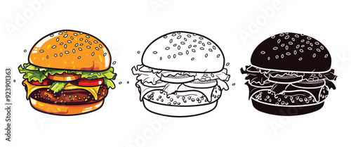 Burger vector illustration, outline, silhouette on white background