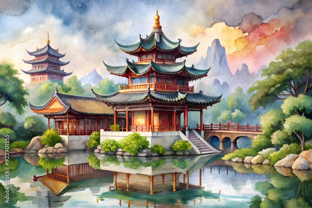 Naklejka premium Watercolor hand drawn Daigoji Temple Pagoda in autumn. Japanese ancient architecture. Can be used to design sightseeings card, tourism ads, calendar, books - Illustration 