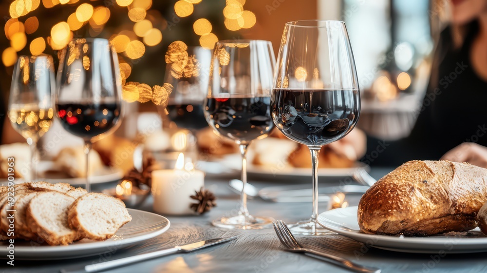 Elegant table setting featuring glasses of wine and freshly baked bread, perfect for festive gatherings and celebrations. Elegant table setting featuring glasses of wine and freshly baked bread, perfect for festive gatherings and celebrations.