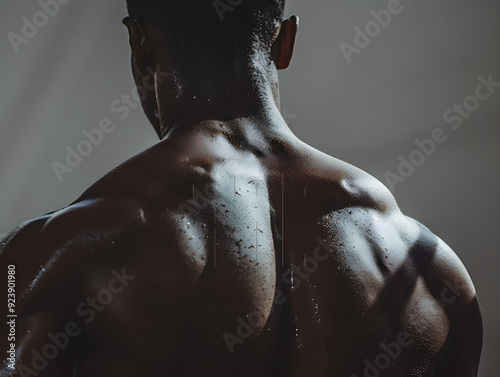 A detailed closeup of muscular traps showcasing strength and definition in the gym. photo