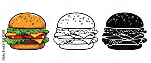 Burger vector illustration, outline, silhouette on white background