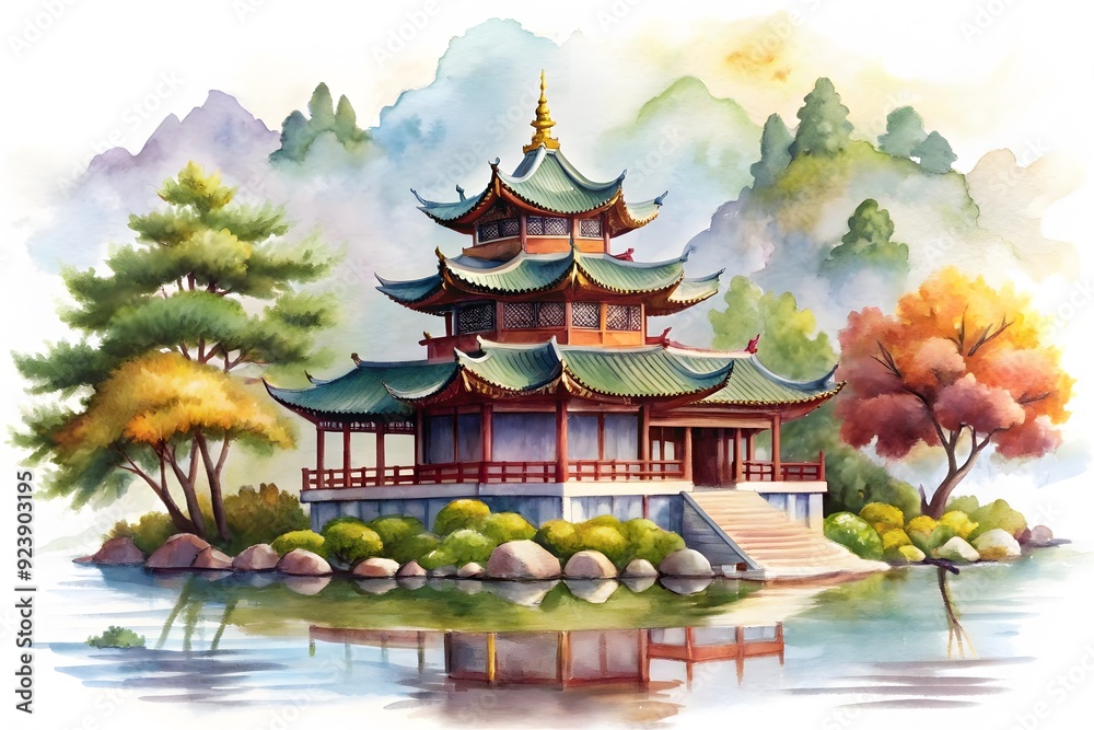 Watercolor hand drawn Daigoji Temple Pagoda in autumn. Japanese ancient architecture. Can be used to design sightseeings card, tourism ads, calendar, books - Illustration
