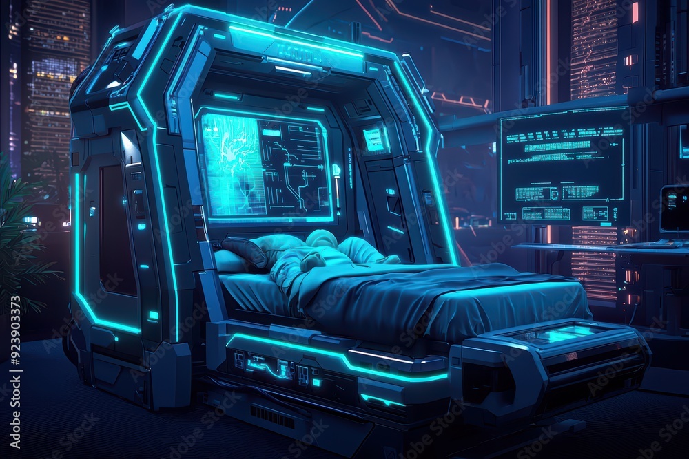 Futuristic sleeping pod with neon lights in a high-tech environment, perfect for sci-fi and technology themed projects. Futuristic sleeping pod with neon lights in a high-tech environment, perfect for sci-fi and technology themed projects.