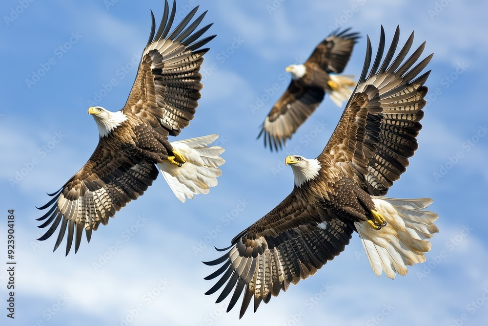Obraz premium Majestic eagles soar through a clear blue sky, showcasing their impressive wingspan and grace in flight.