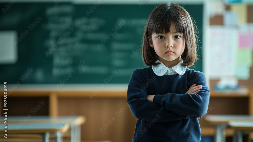 日本の小学校の教室の黒板の前で上でを組んで挑戦的な表情をしている低学年の女の子