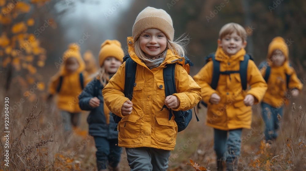 A cheerful group of kids, bundled in warm jackets, joyfully sprinting through a vibrant forest filled with autumn leaves A cheerful group of kids, bundled in warm jackets, joyfully sprinting through a vibrant forest filled with autumn leaves