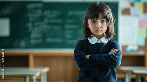 Obraz na płótnie 日本の小学校の教室の黒板の前で上でを組んで挑戦的な表情をしている低学年の女の子 w salonie