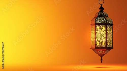 Ramadan banner design featuring glowing lantern hanging with copy space on yellow and orange background.