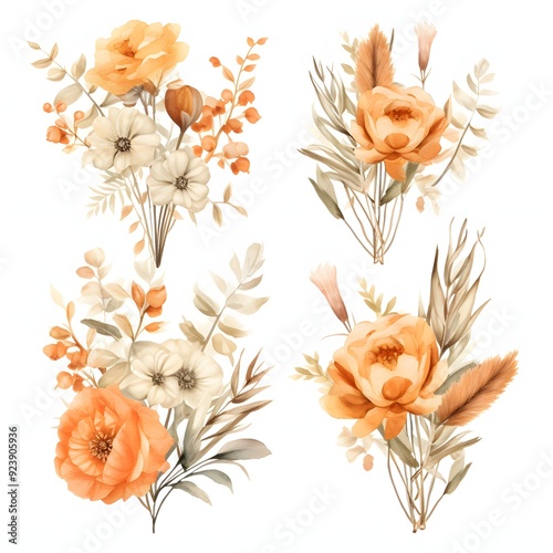 Wallpaper Mural Watercolor floral bouquet of roses isolated on white background brown color flowers, rose, peony, gold green leaf branches collection. Wedding invites, wallpapers, fashion. Eucalyptus Torontodigital.ca