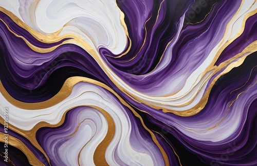 Purple black white gold fluid. Mixing liquid paint effect. Abstract acrylic waves background with golden veins. Relief marble surface backdrop. Fantasy, magic texture. Design for wallpaper, interior.