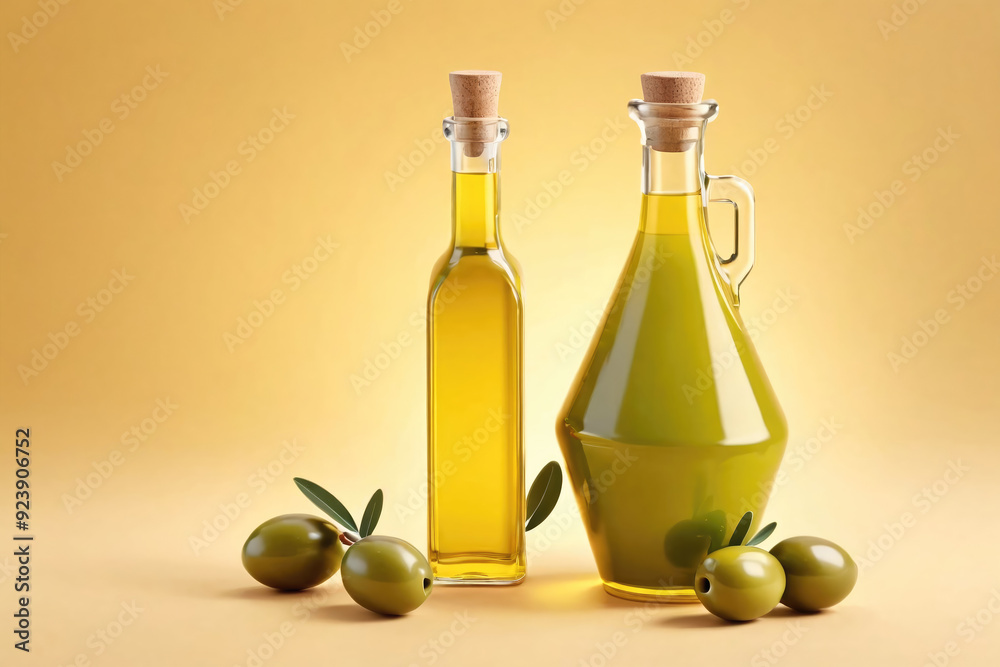Elegant Display of Olive Oil Bottles With Fresh Olives on a Yellow Background Elegant Display of Olive Oil Bottles With Fresh Olives on a Yellow Background