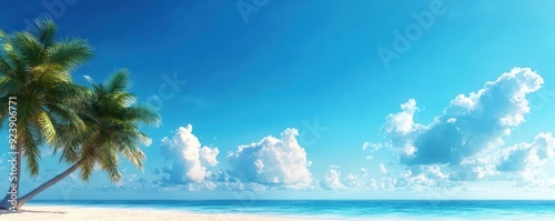 A serene tropical beach scene with clear blue skies, gentle waves, and lush palm trees under a bright sun.