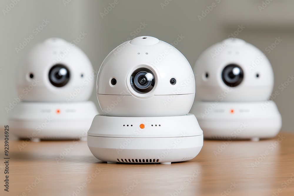 Obraz premium Three modern white security cameras on a wooden table, showcasing innovative design and technology for home surveillance.