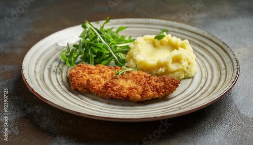 Crispy chicken schnitzel with mashed potato and green rukkola on ceramic plate. Tasty meat dish. photo