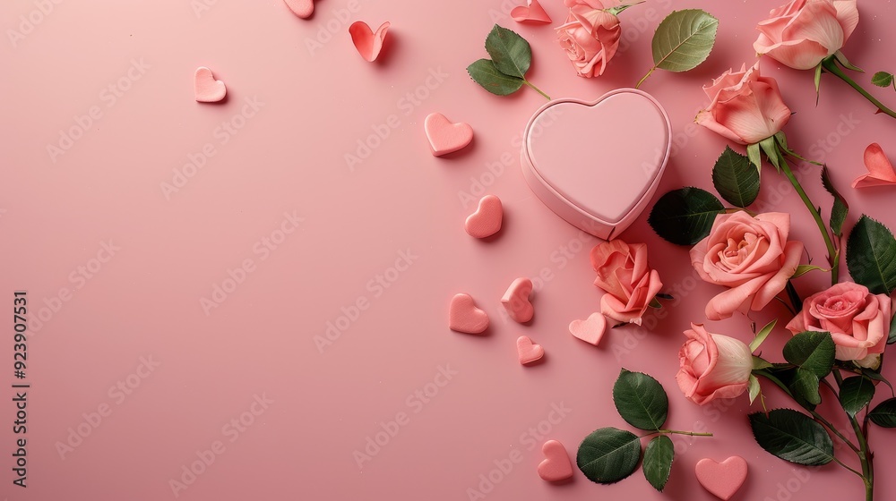 Valentine s Day background with roses and heart shaped box on pink table viewed from above Valentine s Day background with roses and heart shaped box on pink table viewed from above