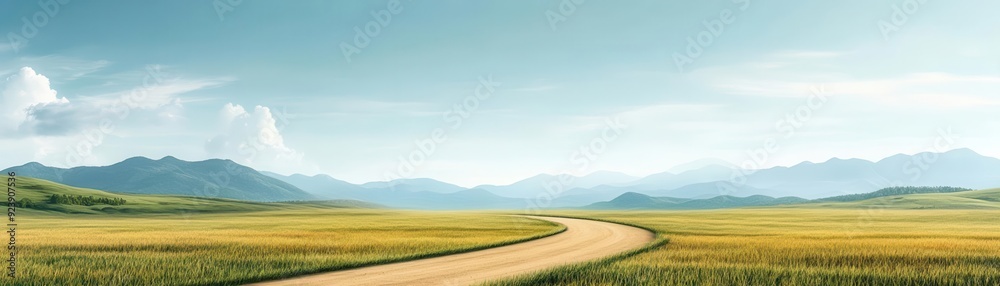 A tranquil landscape featuring an open road winding through golden fields, bordered by majestic mountains under a clear blue sky. A tranquil landscape featuring an open road winding through golden fields, bordered by majestic mountains under a clear blue sky.