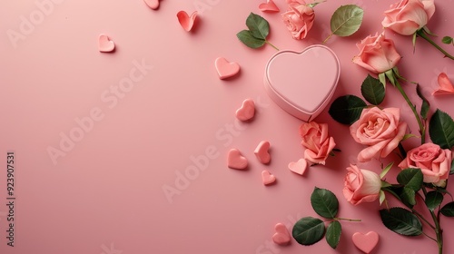 Fototapeta Naklejka Na Ścianę i Meble -  Valentine s Day background with roses and heart shaped box on pink table viewed from above