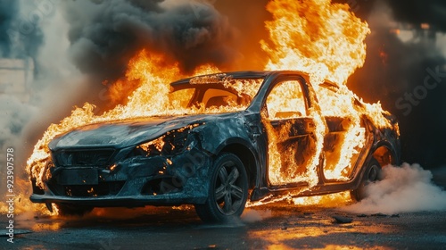 A close-up view of a battery electric vehicle engulfed in flames, with smoke billowing in the background.