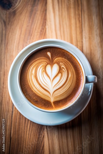 Top view of hot cappuccino white coffee cup with heart shape latte art on dark brown old wood table at café food and drink concept.